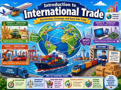 Illustration explaining international trade with exports, imports, and specialization of countries.