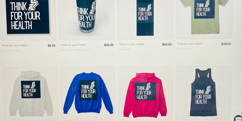 Purposeful Path Store Merchandise Catalog. Pictured is Think for your Health gear.