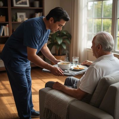 Nurse serving food to an elderly man at home.