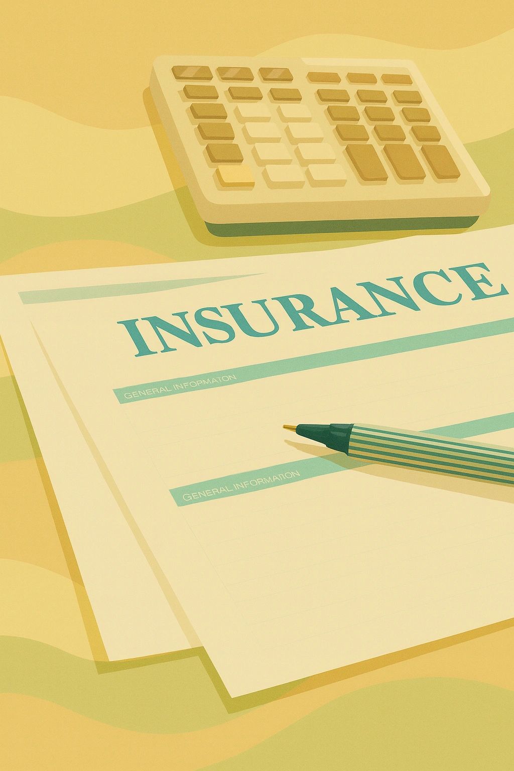 Insurance form with pen and calculator on desk.
