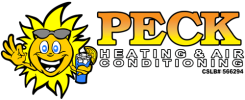 Logo of Peck Heating & Air Conditioning with a cheerful sun holding a cold drink.