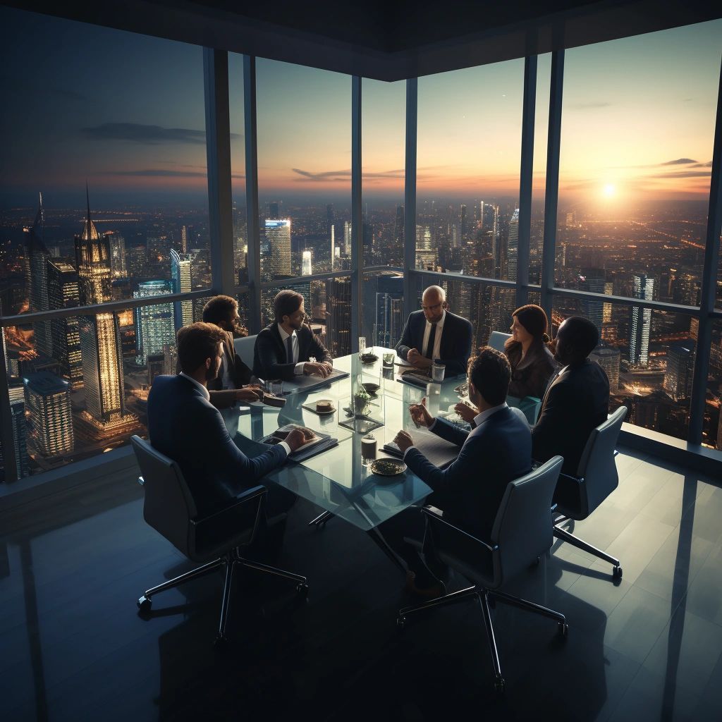 Business meeting at sunset in a high-rise office with city skyline view.
