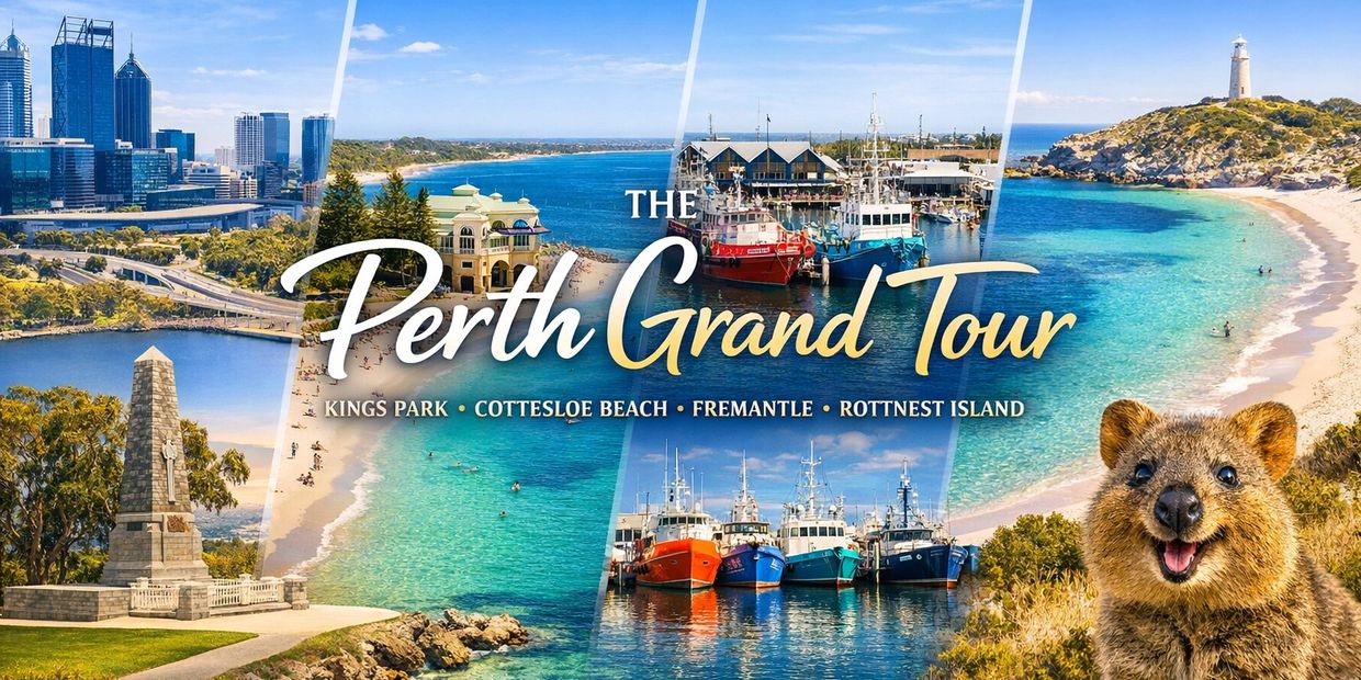 Collage showcasing Perth's landmarks, beaches, and a smiling quokka.