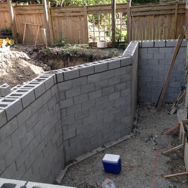Custom home addition. Rear house extension featuring new foundation and exterior access door.