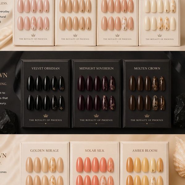 Elegant nail sets in various shades with gold accents, displayed on black and white cards.