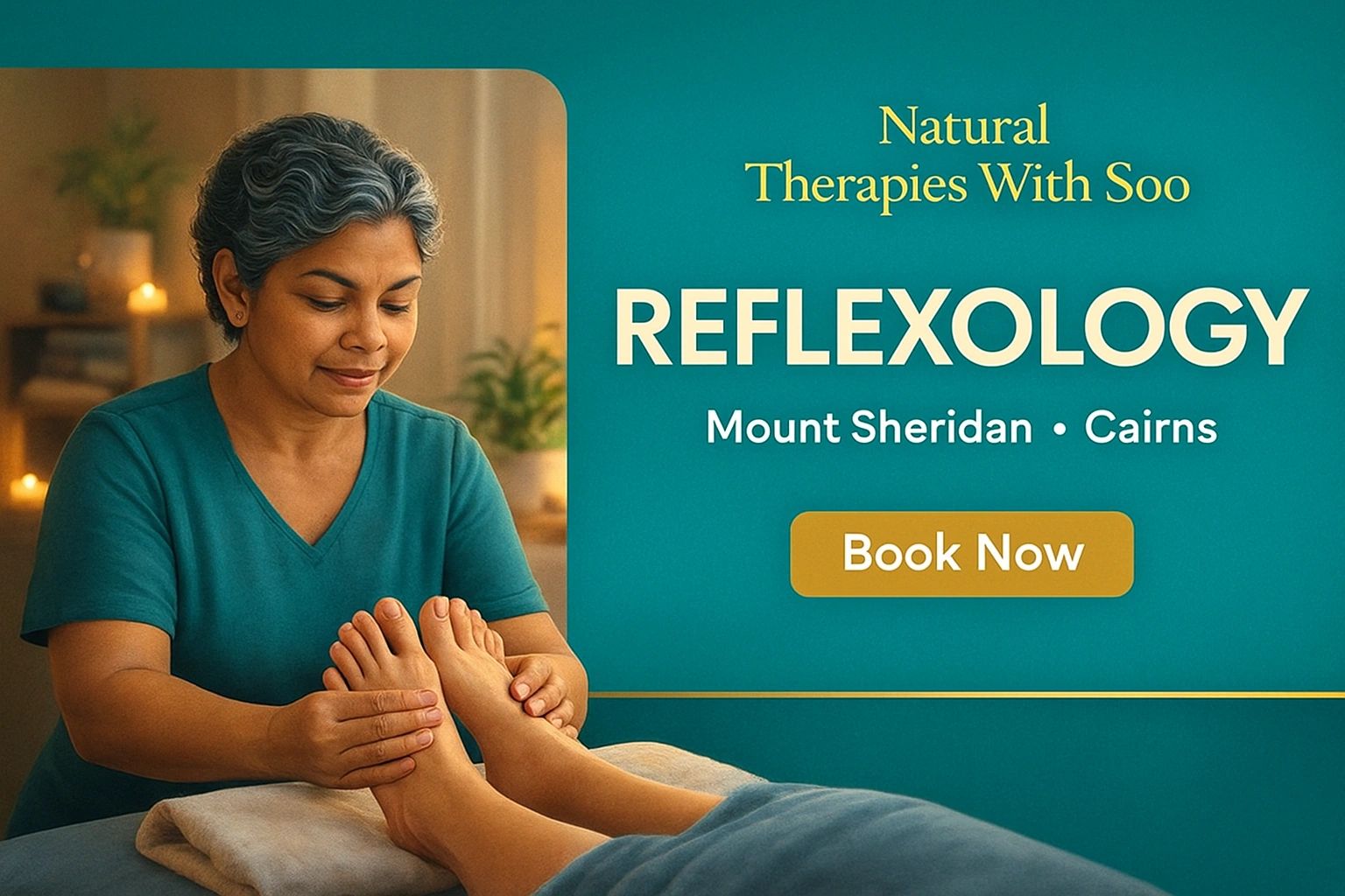 This hero banner for Reflexology Mount Sheridan Cairns features Avalyn, Soo Williams’ healing avatar