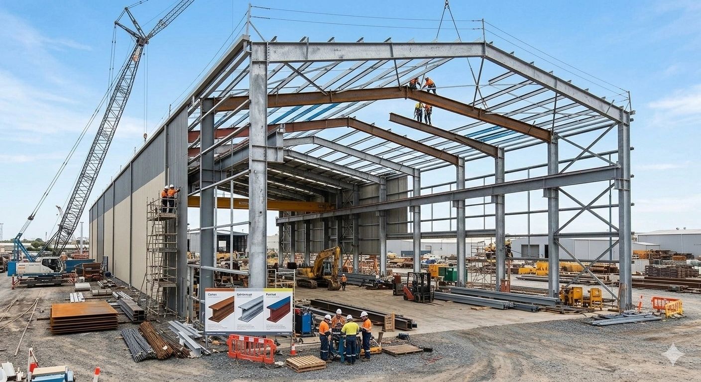 Construction workers assembling a large steel building frame on a sunny day.