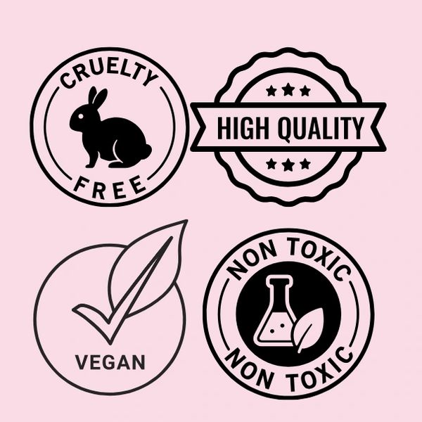 Set of icons for cruelty-free, high quality, vegan, and non-toxic products on a pink background.
