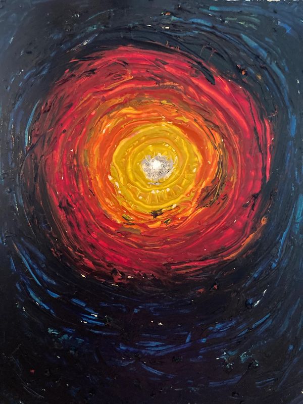 Abstract circular painting with warm colors.