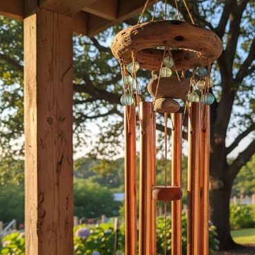 Sunlit wind chimes hanging on wooden porch.