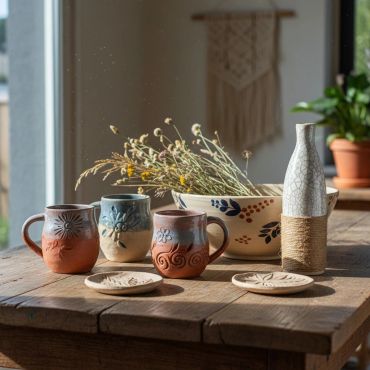 Rustic pottery mugs and vase on a wooden table.