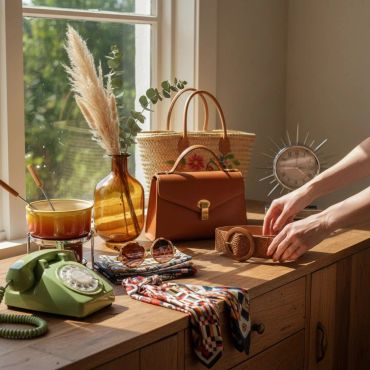 Hands arranging a brown belt on a wooden dresser with vintage items.