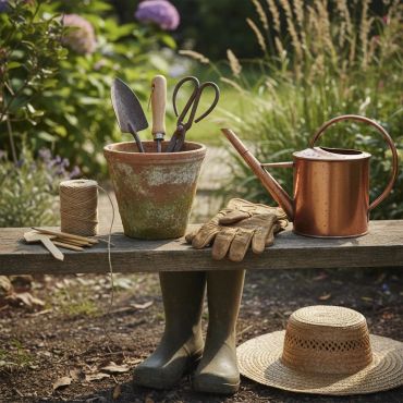 Gardening tools and accessories arranged on a wooden bench.