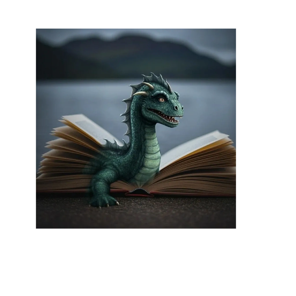 The Loch Ness Monster emerging from an open book with a scenic background.