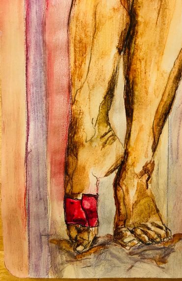 Watercolor painting of human legs with one foot wrapped in red bandage.