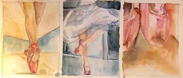 Watercolor triptych of ballet dancer's feet and shoes in various poses.