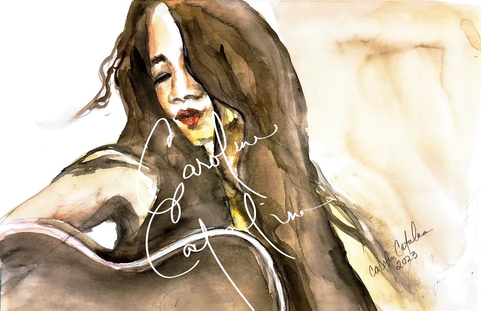 Watercolor painting of a woman playing guitar with long flowing hair.