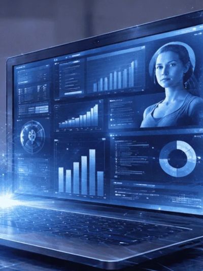 Laptop screen displaying data charts and a woman's profile in a futuristic interface.