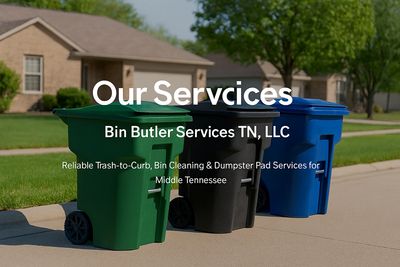Trash bins lined up on a suburban curb for waste management services.