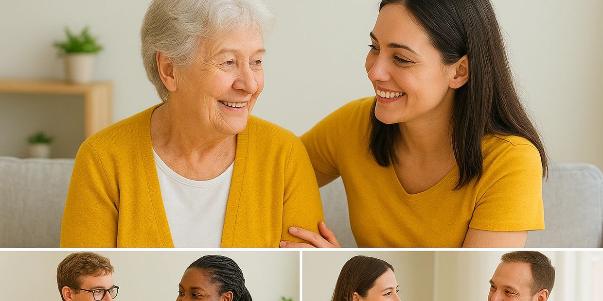 Older and younger woman sharing a happy moment together indoors.