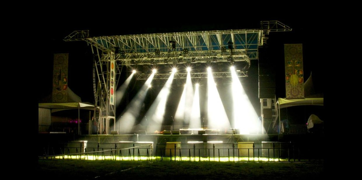 A stage, lighting & truss work for an event assembled with qualified stagehands & temporary labor.