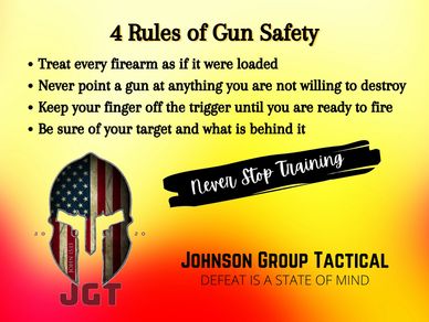 4 rules of gun safety, treat every gun as if it were loaded, never point a gun at anything you 