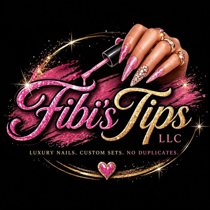 Fibi's Tips LLC logo with glamorous pink and gold nails and sparkling design.
