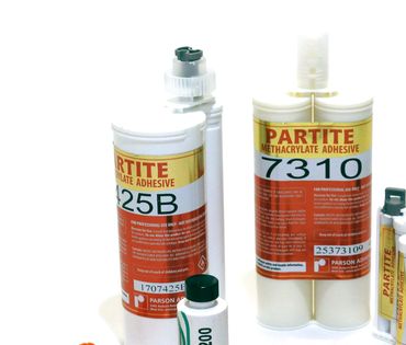 Various tubes and syringes of Partite methacrylate adhesive and related products.