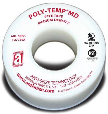 White roll of Poly-Temp MD PTFE tape with anti-seize technology.