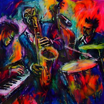 Colorful abstract jazz band playing instruments.