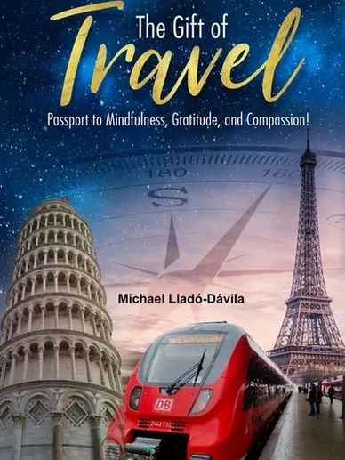 Book cover featuring travel landmarks and a train under a starry sky.