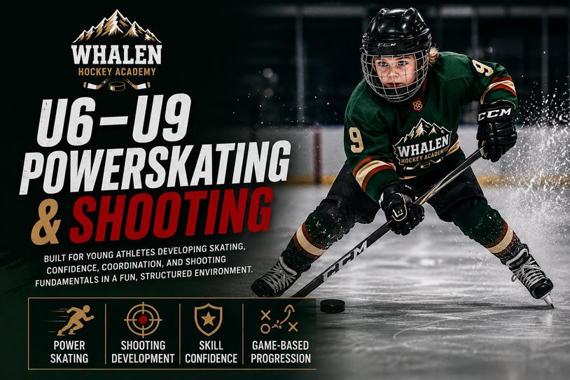 Young hockey player powerskating and shooting with intensity on ice.