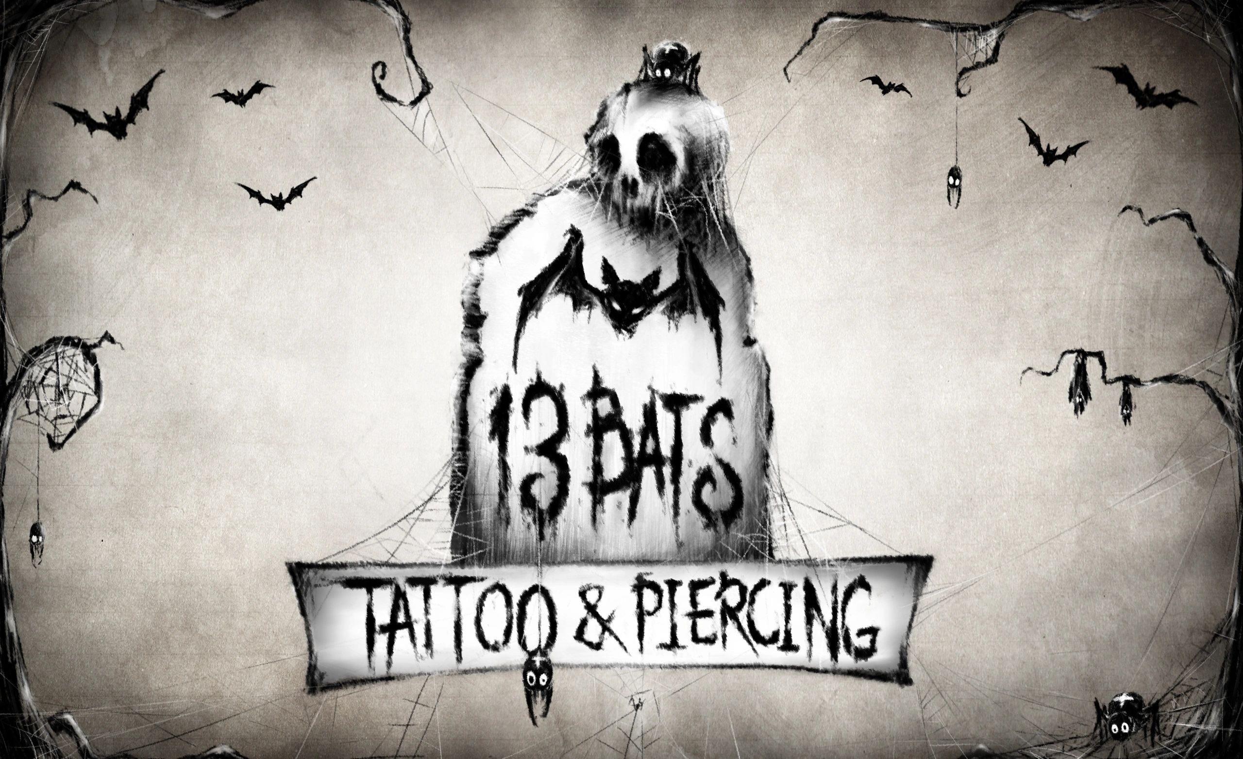13 BATS TATTOO AND PIERCING LOGO WITH BATS AND A SKULL AND SPIDER ON A TOMBSTONE
