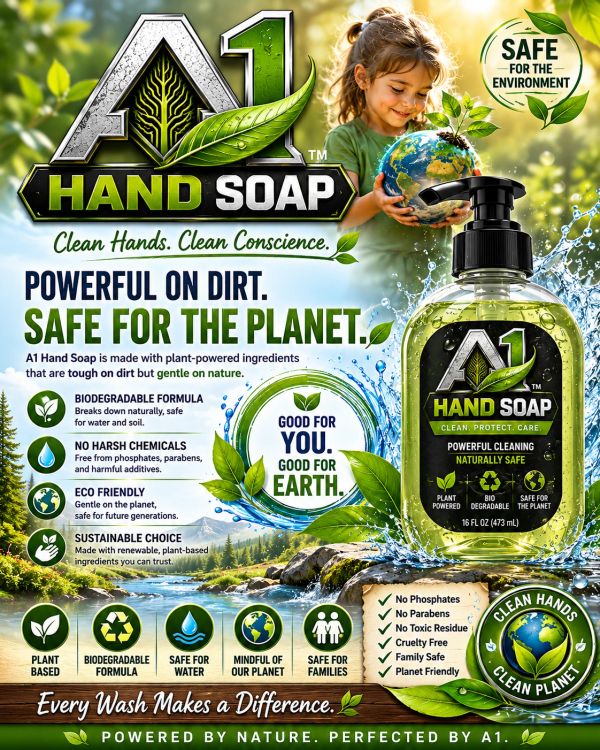 A1 Hand Soap: powerful on dirt, safe for the planet with biodegradable, eco-friendly formula.