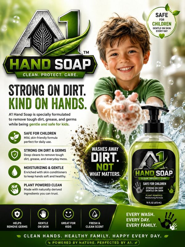 A1 Hand Soap: strong on dirt, gentle on hands, safe for children.