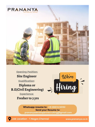 Job hiring poster for site engineer at Prananya, Chennai.