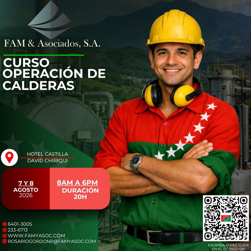 Curso de operación de calderas en Hotel Castilla, David Chiriquí, 7 y 8 de agosto 2026.
