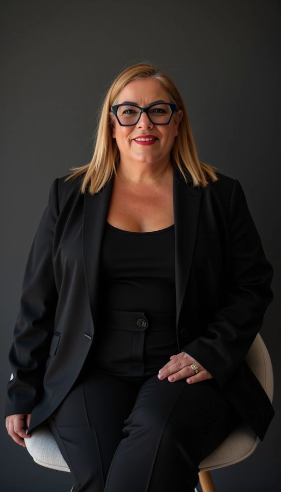 Confident woman in a black suit sitting on a chair against a dark background.