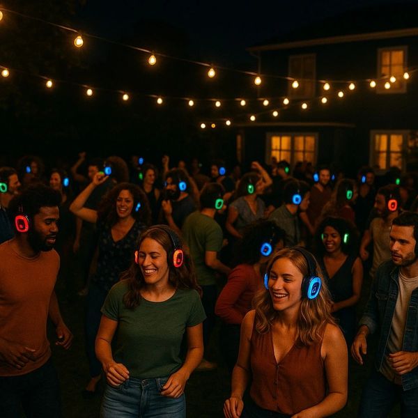 Monde qui dance dans une cours extérieur avec des écouteur de Silence Radio (Silence Disco)