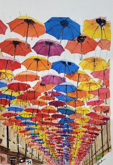 Photo of  the colorful, flying umbrellas in, Bath England.

Watercolor 15 x 11
Available - $95.00
