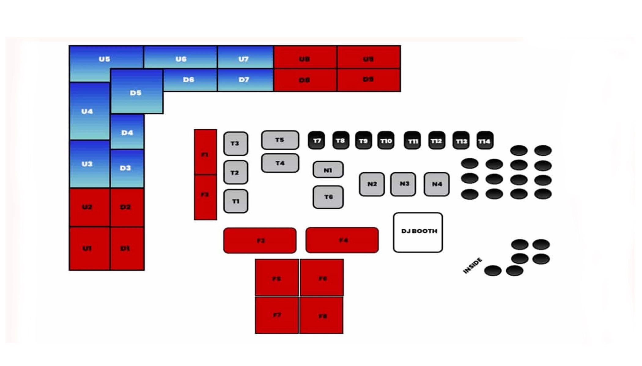 Color-coded seating chart with labeled sections and DJ booth.