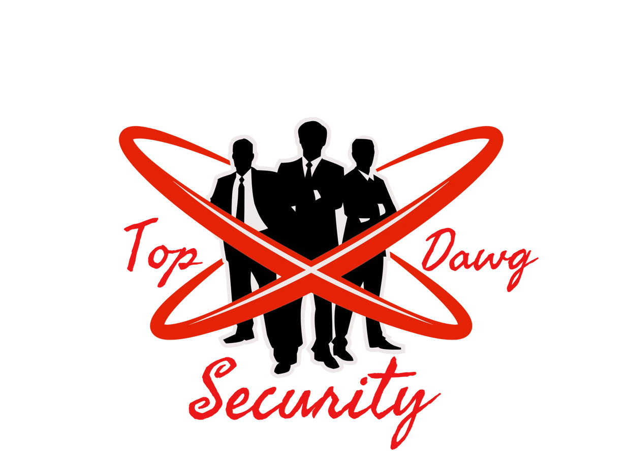 Logo of three silhouetted security figures with red text and design.