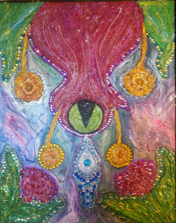 Bejeweled and colorful, cat's eye, flowers teardrop. Acrylic paint, gemstones, sparkle paint