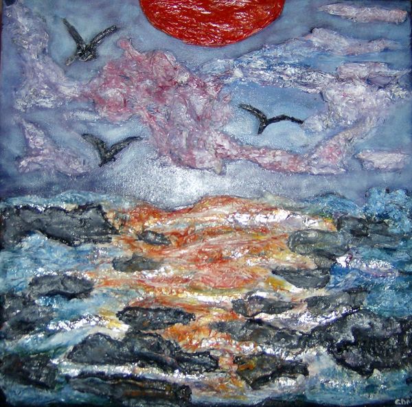 Sunset over ocean, jettys, mixed media