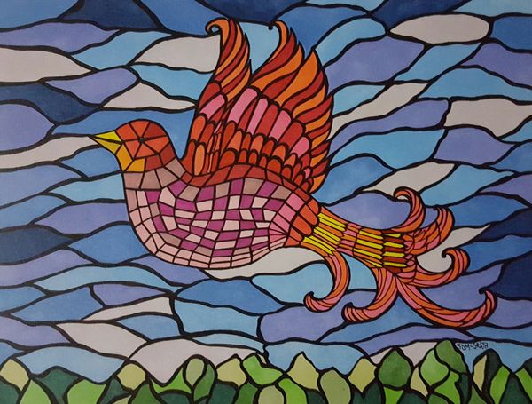 Mosaic style drawing of bird flying over the treetops.