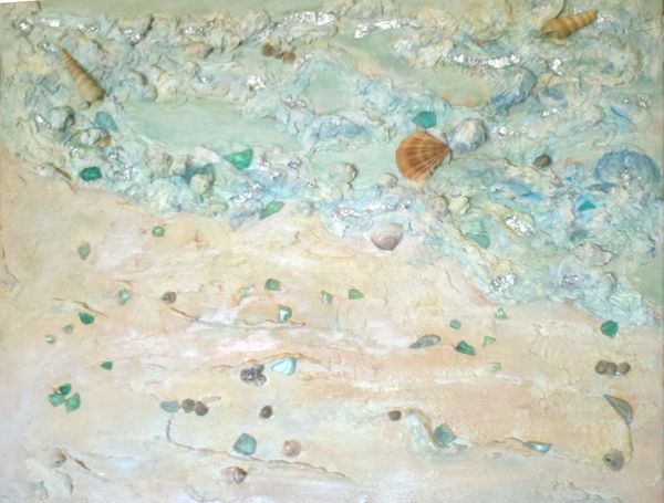 Mixed Media painting, shells, sea glass, foil, paper mache', acrylic paint on canvas