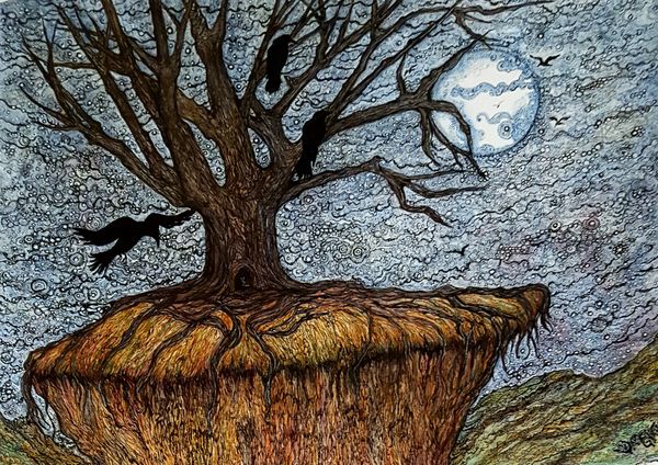 Night Sky, crows in a tree under a  full moon. Ink and watercolor pencils.