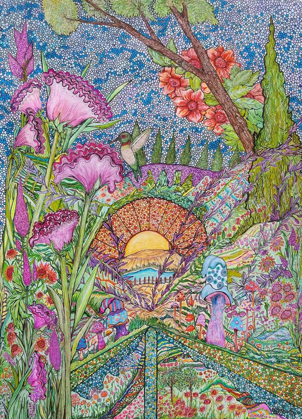Fantasy landscape, sunset, flowers, mushrooms, trees, leaves, hummingbird