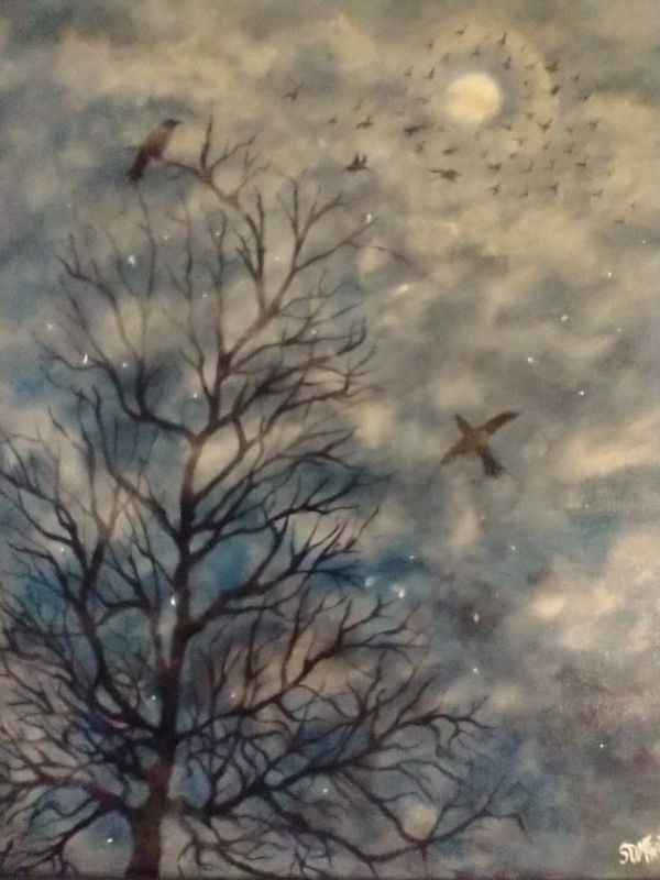 Foggy night sky, full moon over a large tree and flying crows.