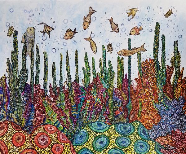 Original drawing of coral and small fish at the bottom of the ocean. Detailed ink/watercolor pencils